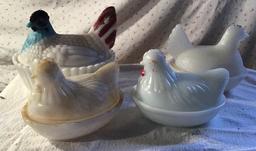 "7 Milk glass hen on nests