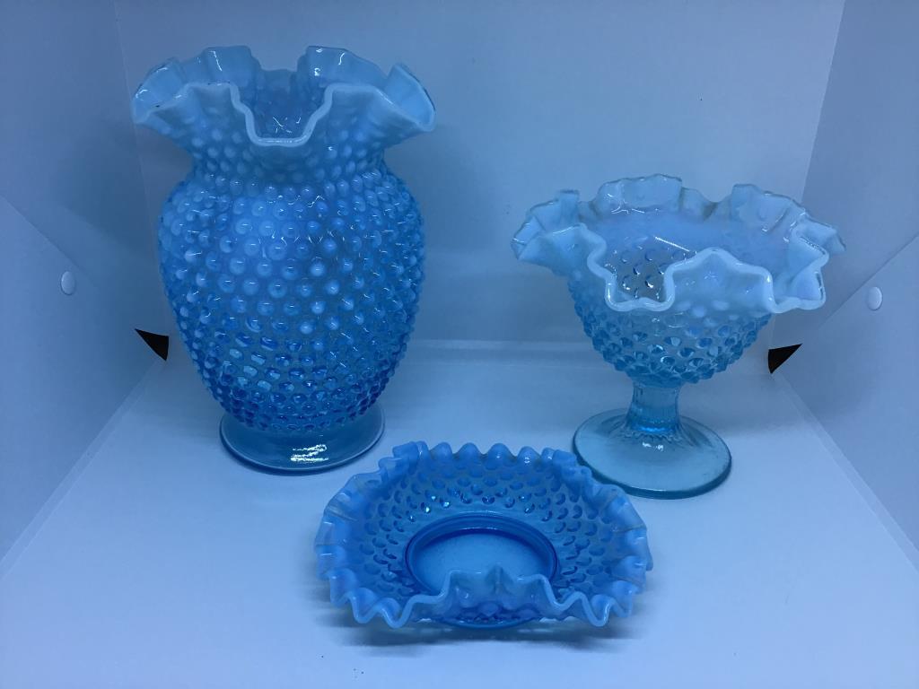 Three Fenton hobnail opalescent pieces.  7 1/2