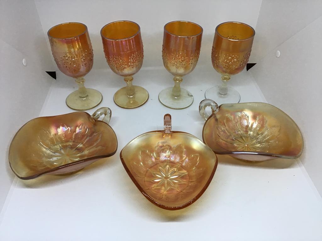 4 orange tree 5” goblets, 3 nappies