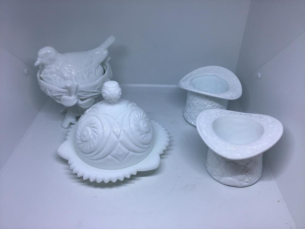 Milkglass lot.  Hats, butter dish, hen on nest.