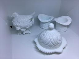 Milkglass lot.  Hats, butter dish, hen on nest.