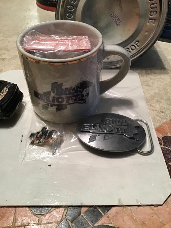 Bill Elliott collector mug, buckle, pin, car, and