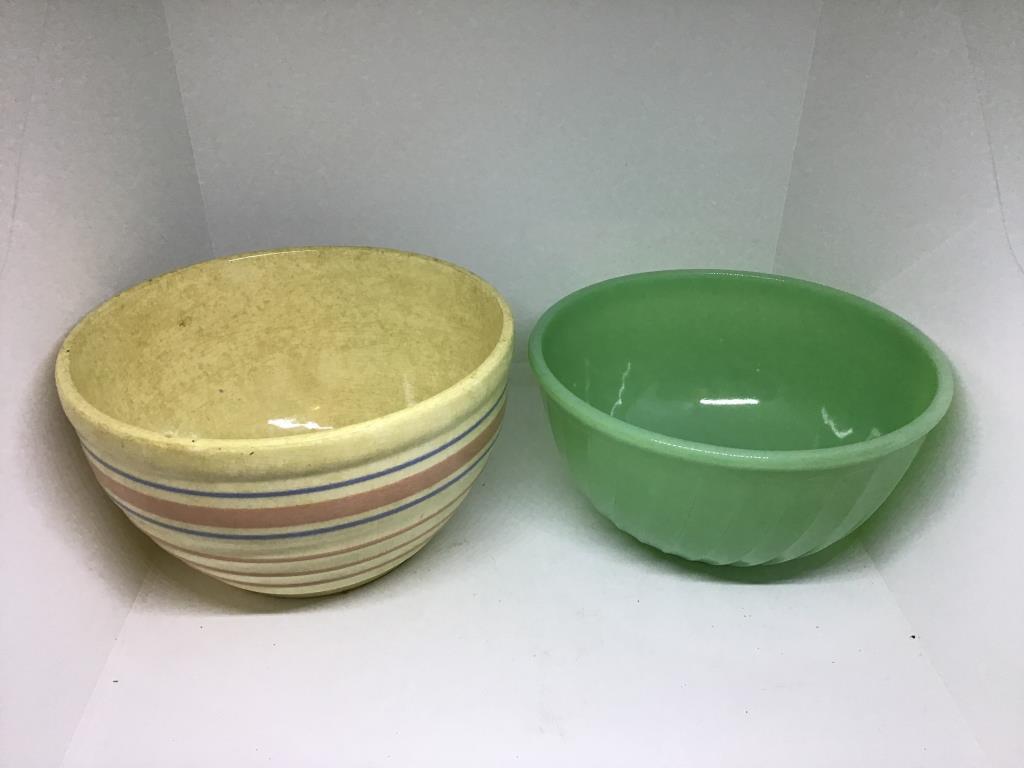 Mixing bowls.  Crock and Fireking jadeite.   Nine