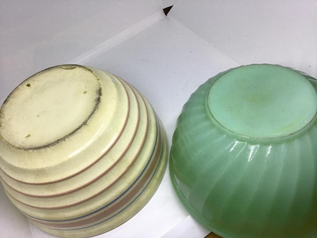 Mixing bowls.  Crock and Fireking jadeite.   Nine