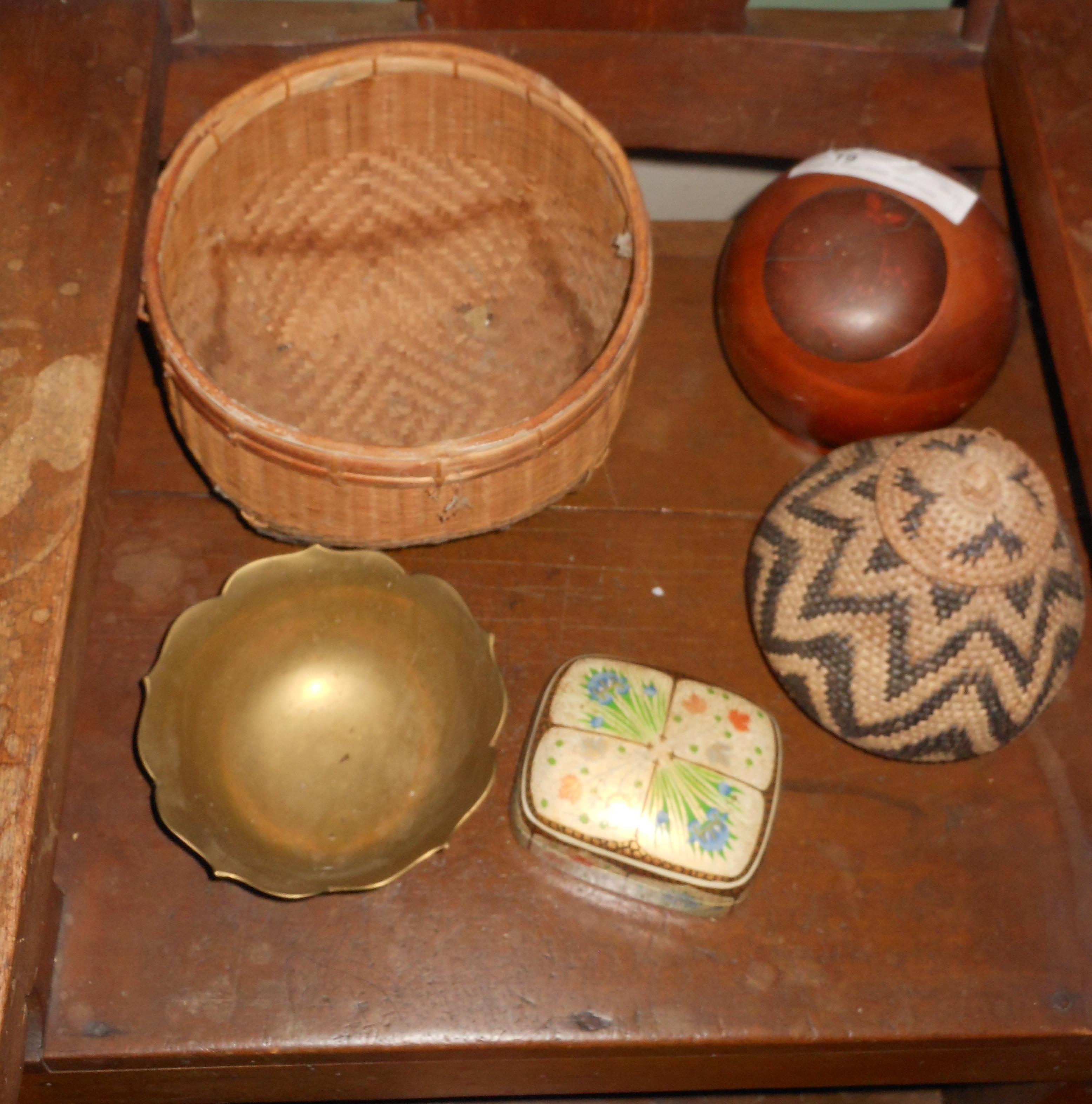 5 pc lot.  Woven Basket,, signed cherry lidded