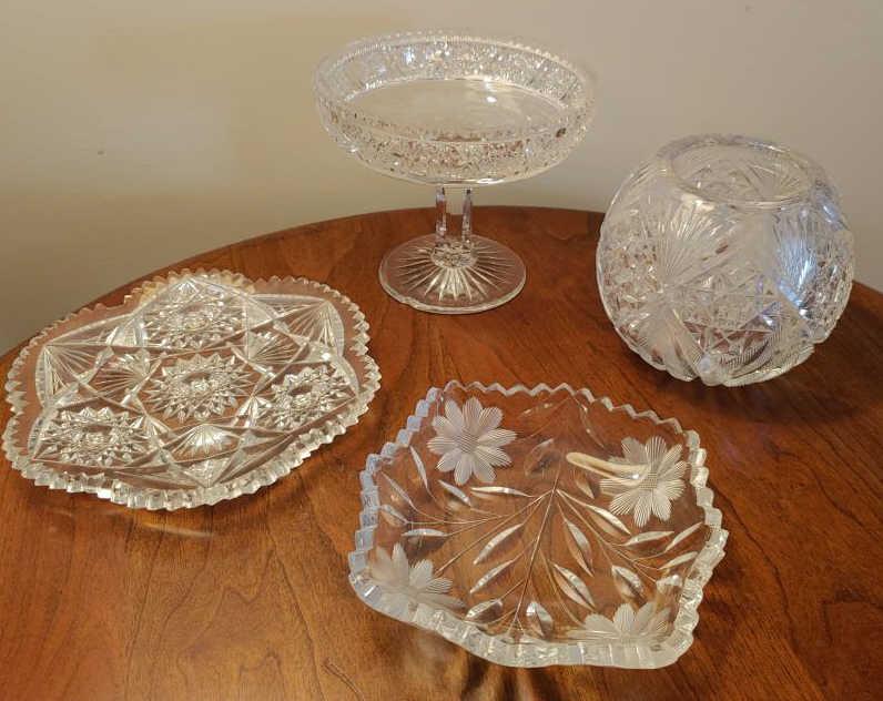 Four cut glass pressed glass pieces