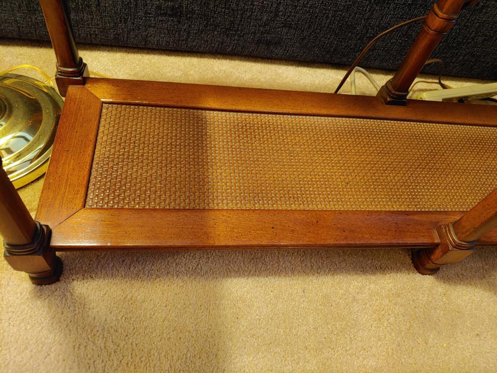 Glass and rattan. 52 inch sofa table