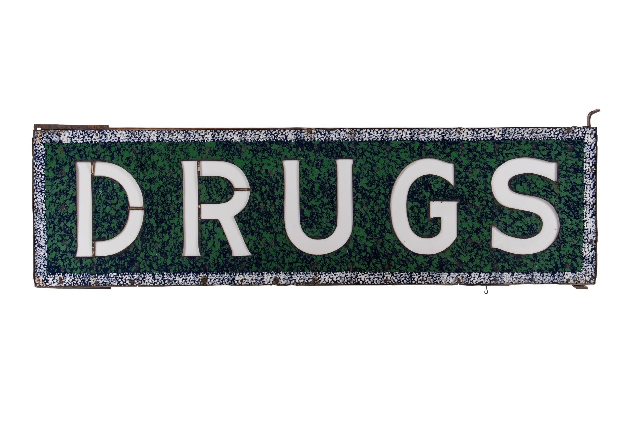 Drugs Milk Glass Textured Porcelain Lighted Sign