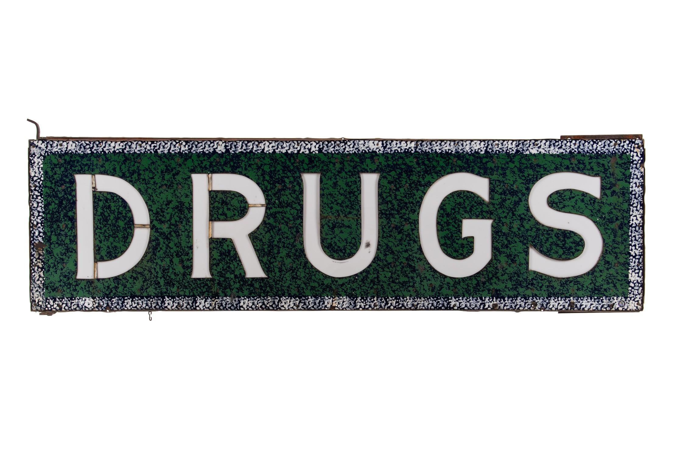 Drugs Milk Glass Textured Porcelain Lighted Sign