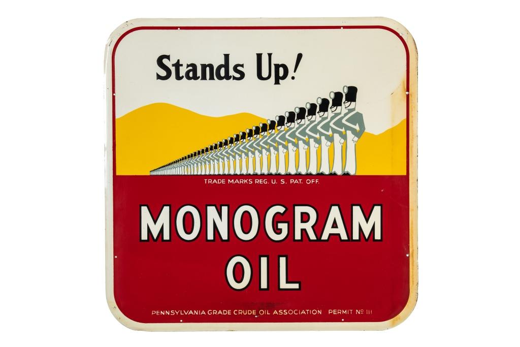 Monogram Oil Stands Up! Tin Sign