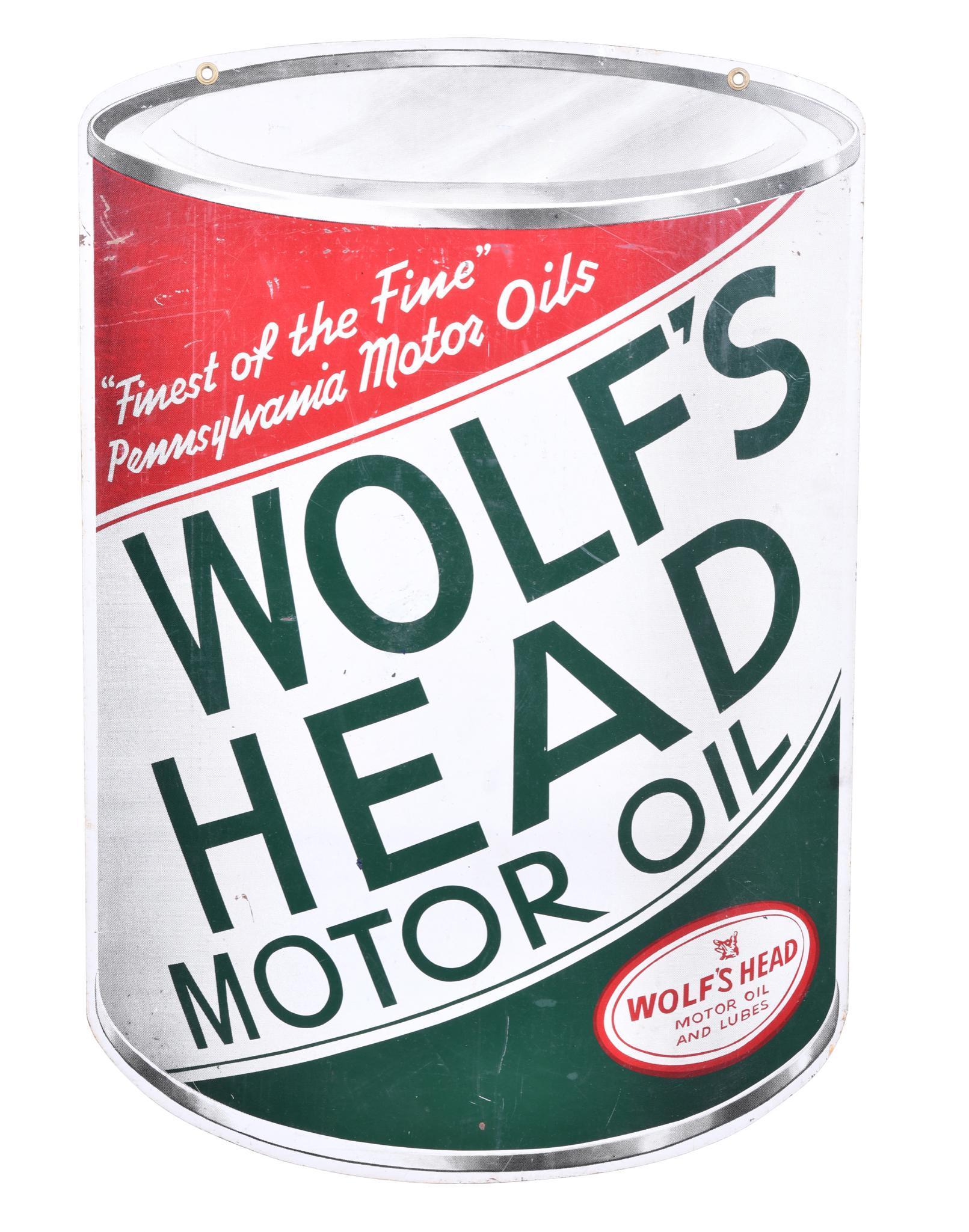 Wolf's Head Motor Oil Can Shaped Metal Sign