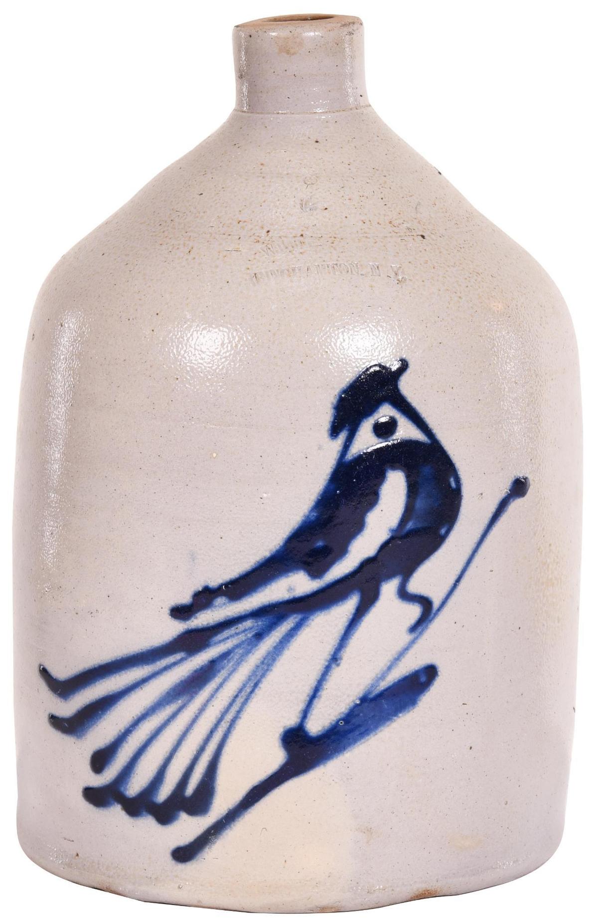 White's 2 Gallon Stoneware Jug w/Cobalt Bird Decor