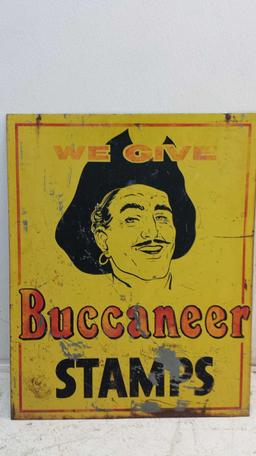 Vintage Double Sided Metal Buccaneer Stamps Sign