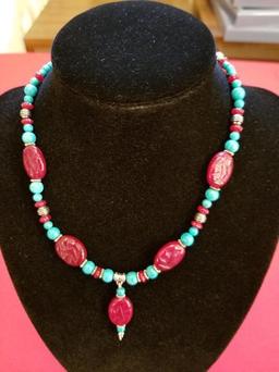 Turquoise and Cranberry Red Bead Necklace / Choker
