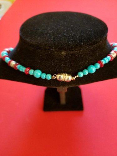 Turquoise and Cranberry Red Bead Necklace / Choker