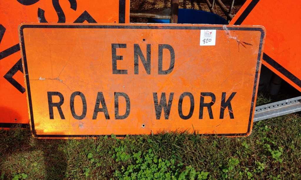 End road work metal sign
