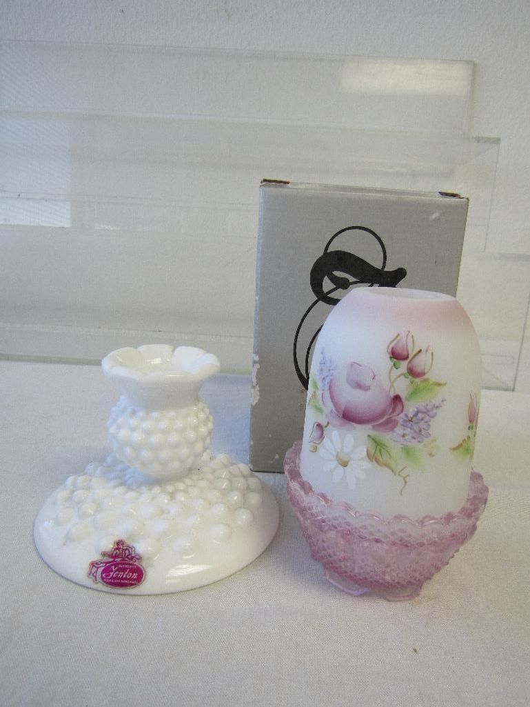 Vintage Fenton Glass. 2 Pc Lot. Signed/Hand Painted Fairy Light & Milk Glass Hobnail Candle Holder.