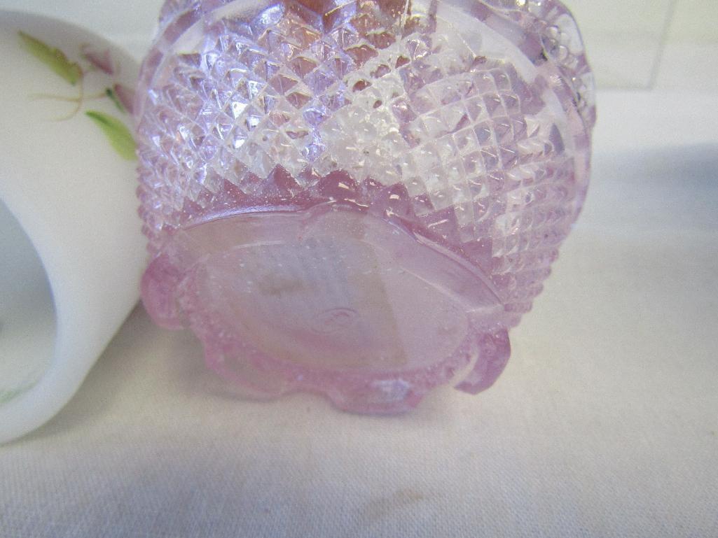 Vintage Fenton Glass. 2 Pc Lot. Signed/Hand Painted Fairy Light & Milk Glass Hobnail Candle Holder.