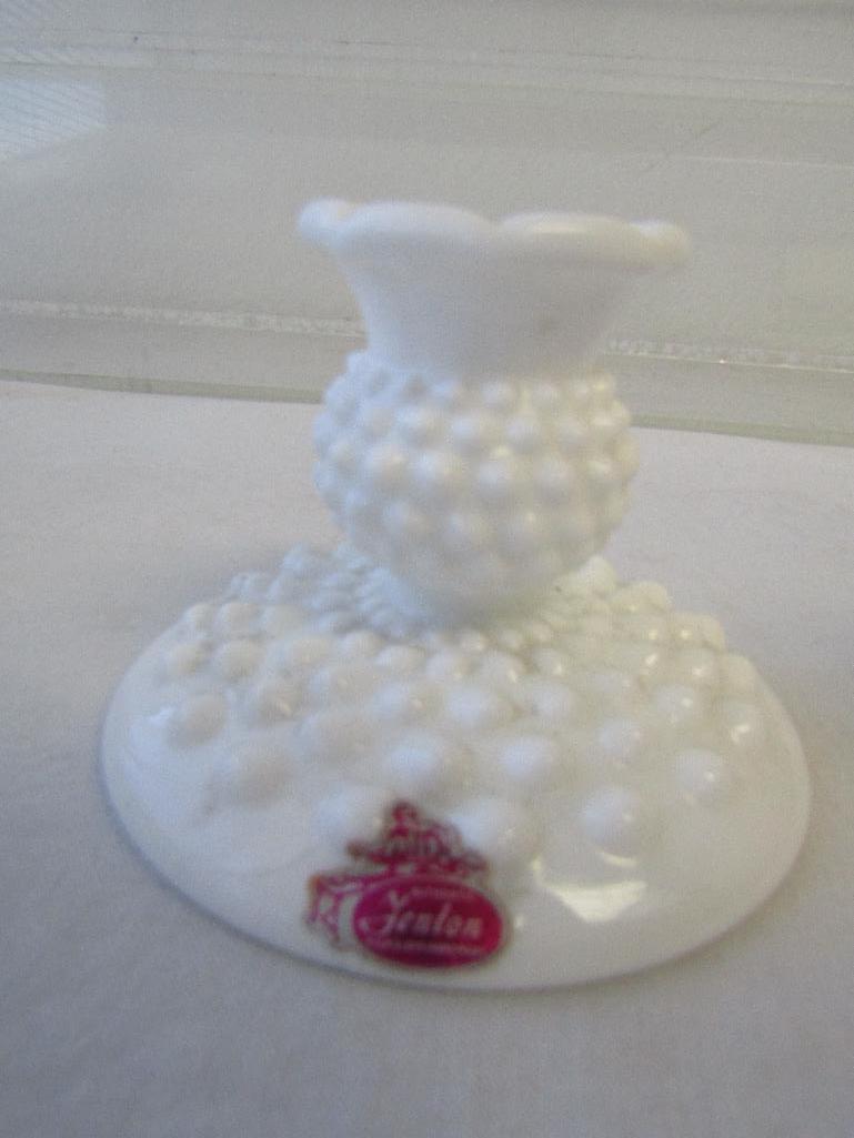 Vintage Fenton Glass. 2 Pc Lot. Signed/Hand Painted Fairy Light & Milk Glass Hobnail Candle Holder.