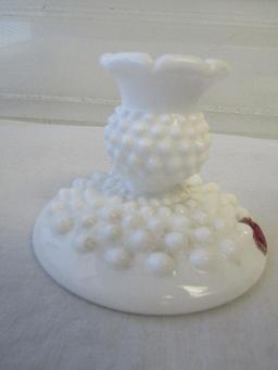 Vintage Fenton Glass. 2 Pc Lot. Signed/Hand Painted Fairy Light & Milk Glass Hobnail Candle Holder.