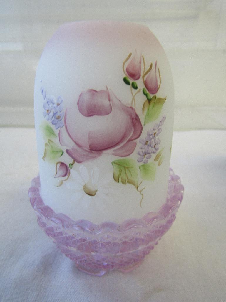 Vintage Fenton Glass. 2 Pc Lot. Signed/Hand Painted Fairy Light & Milk Glass Hobnail Candle Holder.