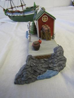 Dept 56 New England Village Ship The Emily Louise w/Dock and Mr. Christmas North Wood Lighthouse.