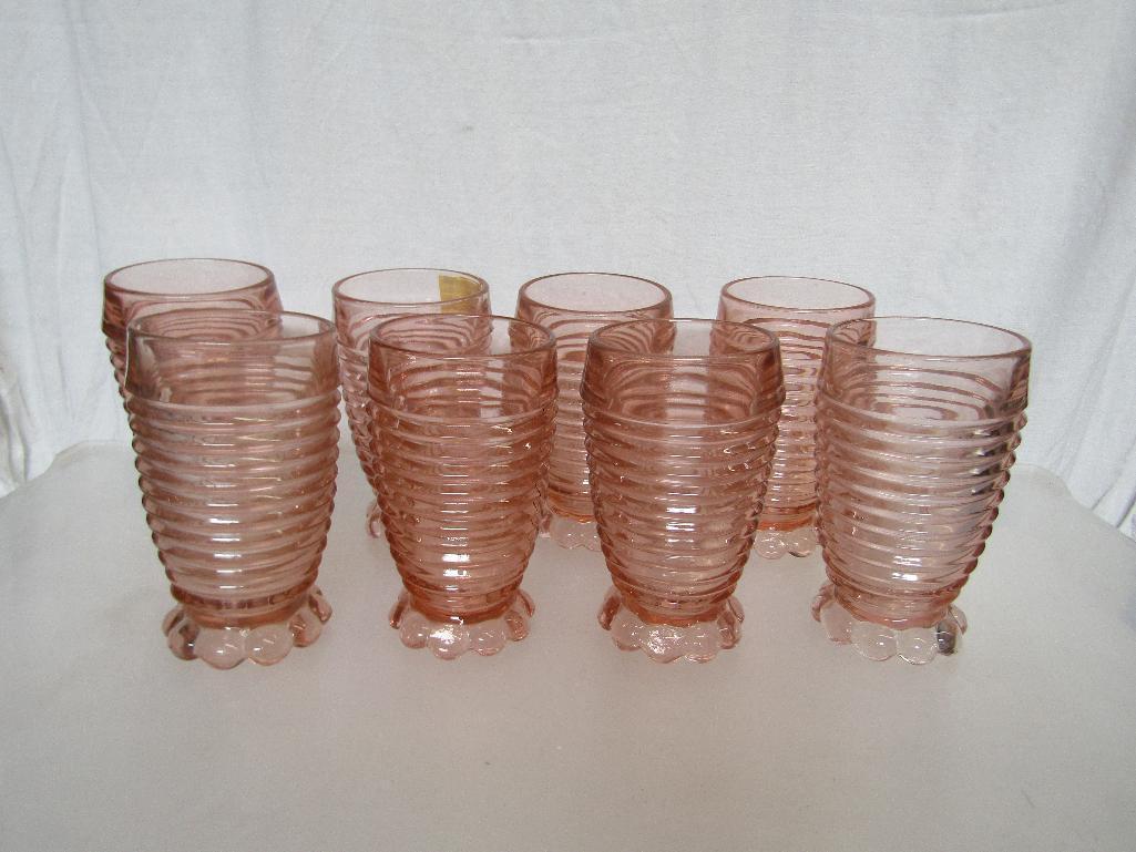 Vintage Anchor Hocking Pink Manhattan Tumblers. Bubble Footed. 5.25" High. 8 Pc Lot.