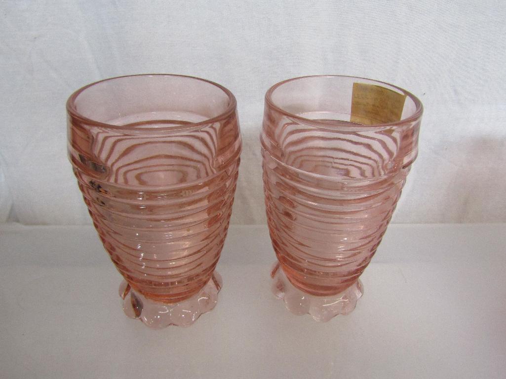 Vintage Anchor Hocking Pink Manhattan Tumblers. Bubble Footed. 5.25" High. 8 Pc Lot.