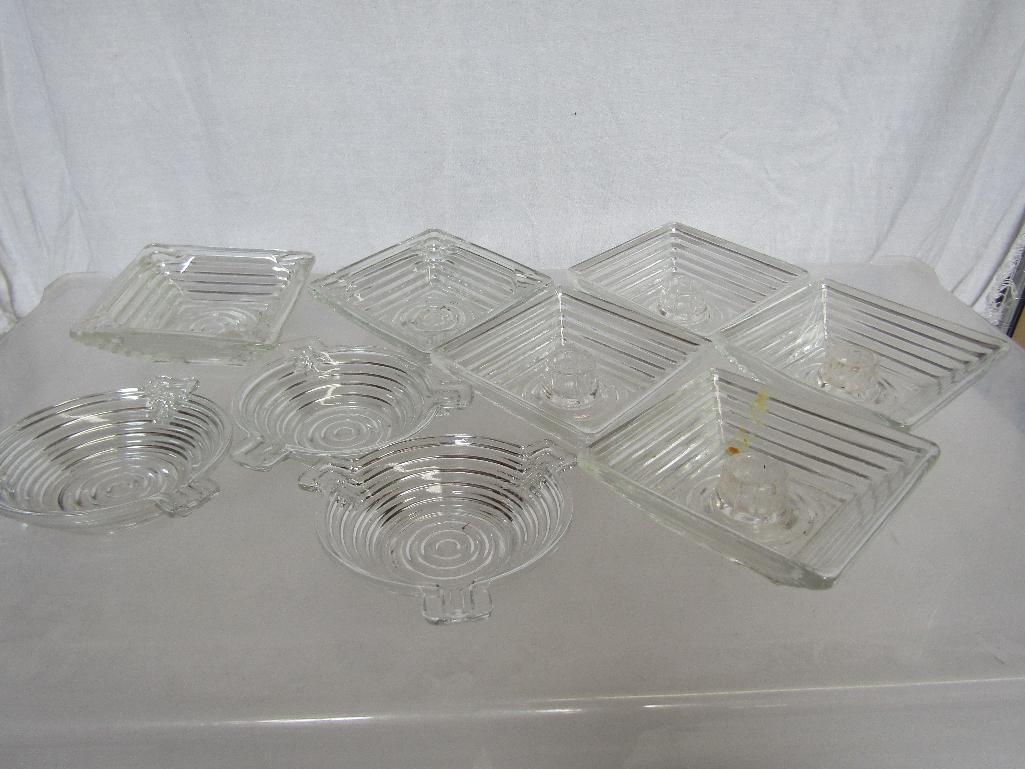 Vintage Anchor Hocking Manhattan Clear Glass Candle Holders (4) and Ash Trays (5). Pre-Owned.