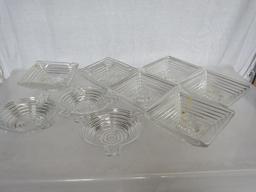 Vintage Anchor Hocking Manhattan Clear Glass Candle Holders (4) and Ash Trays (5). Pre-Owned.