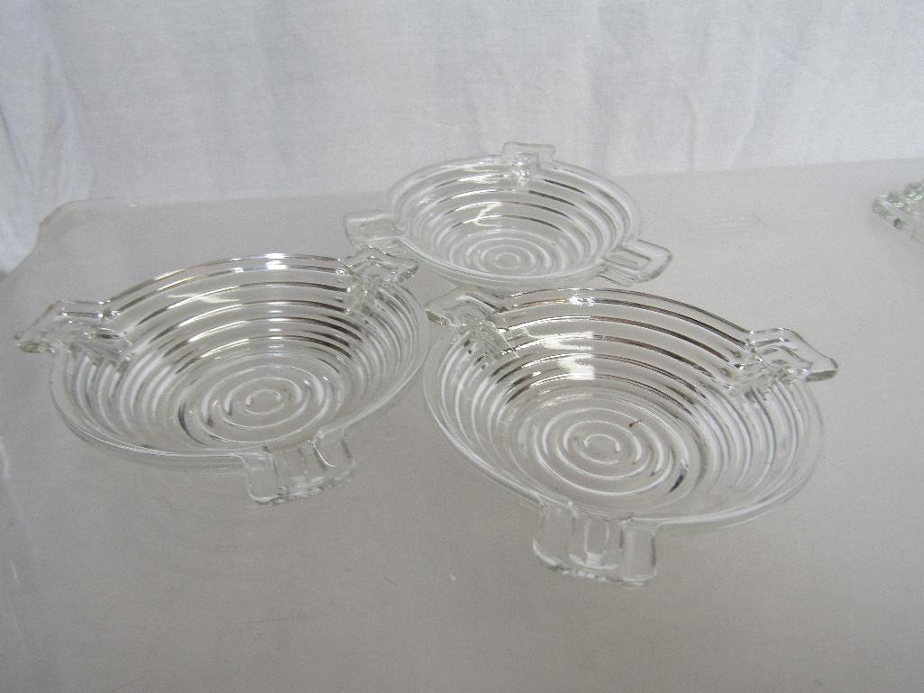 Vintage Anchor Hocking Manhattan Clear Glass Candle Holders (4) and Ash Trays (5). Pre-Owned.