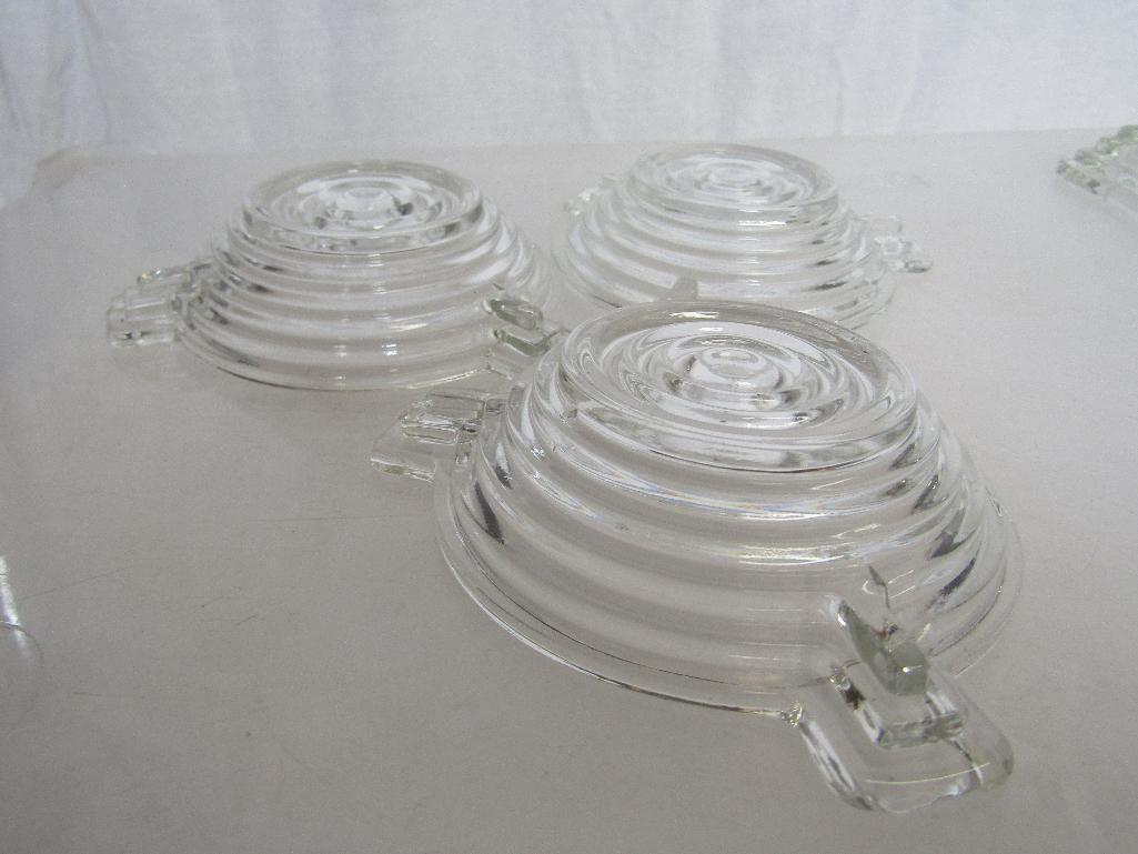 Vintage Anchor Hocking Manhattan Clear Glass Candle Holders (4) and Ash Trays (5). Pre-Owned.