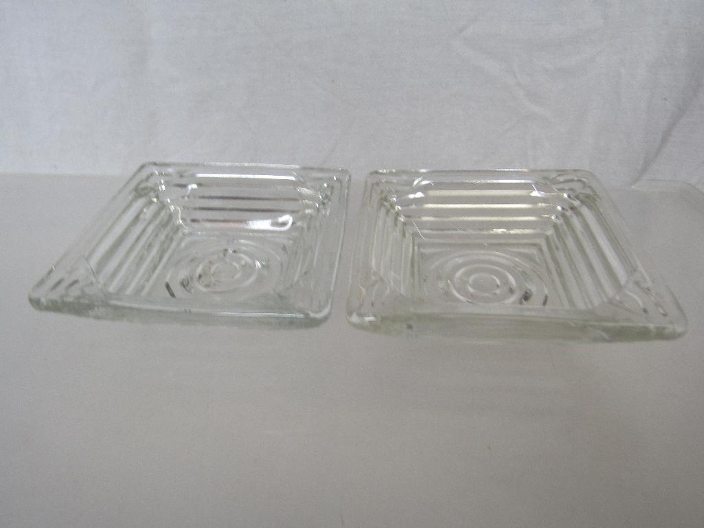 Vintage Anchor Hocking Manhattan Clear Glass Candle Holders (4) and Ash Trays (5). Pre-Owned.