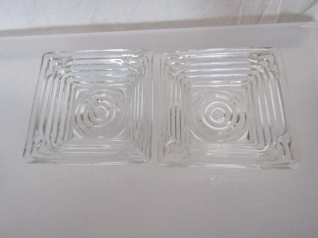 Vintage Anchor Hocking Manhattan Clear Glass Candle Holders (4) and Ash Trays (5). Pre-Owned.