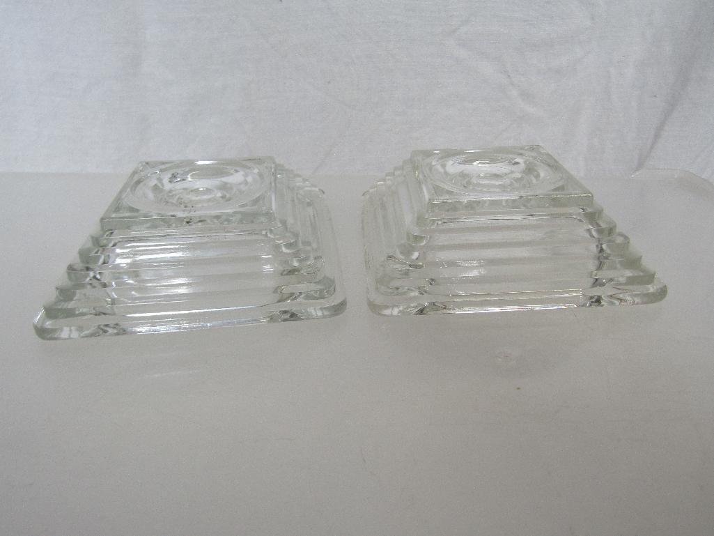 Vintage Anchor Hocking Manhattan Clear Glass Candle Holders (4) and Ash Trays (5). Pre-Owned.