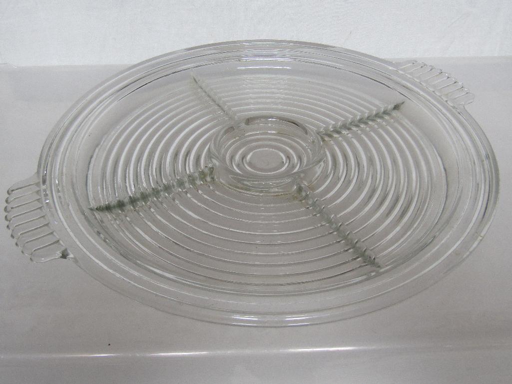 Vintage Anchor Hocking Manhattan Clear Glass Sectioned Tray. Approx 14"x1"H (16" Handle to Handle).