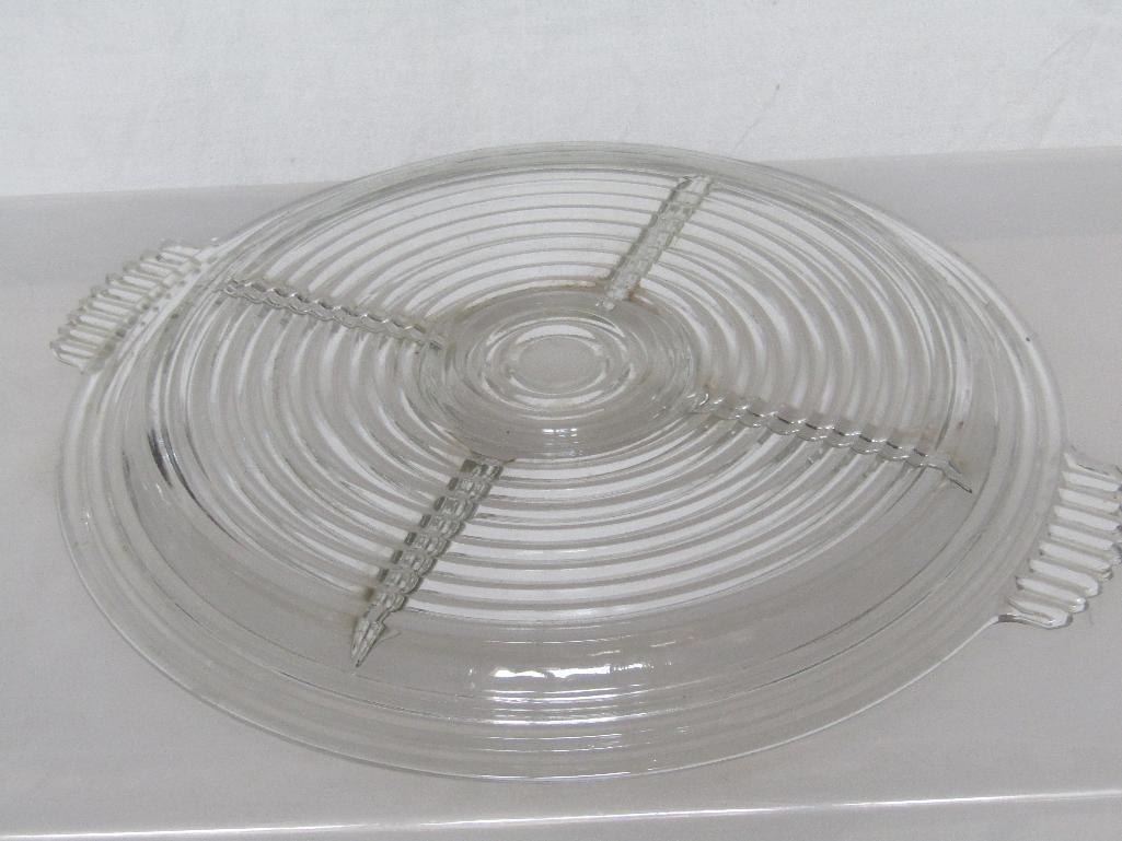 Vintage Anchor Hocking Manhattan Clear Glass Sectioned Tray. Approx 14"x1"H (16" Handle to Handle).