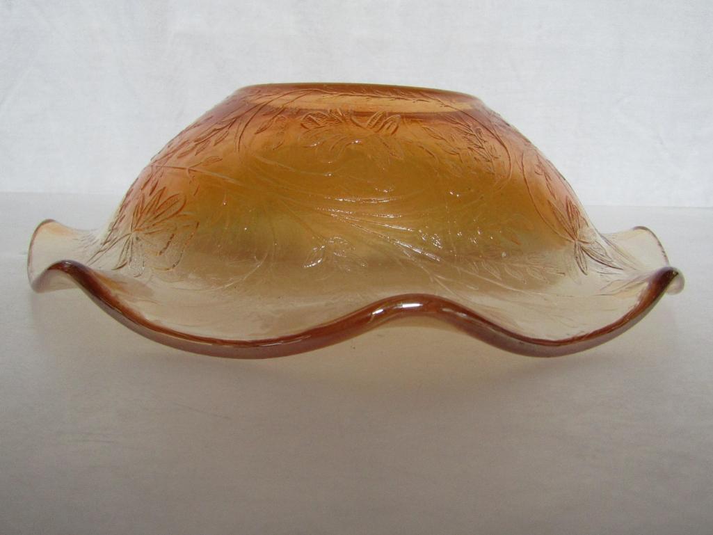 Vintage Carnival Glass Marigold Ruffle Rim Serving Bowl. Leaf/Vine/Floral Pattern. 2.5"H x 9.5".