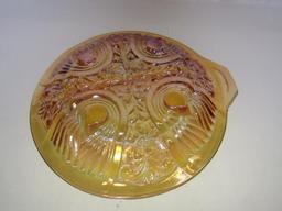 Vintage Indiana Carnival Glass Killarney Amber Rainbow Iridescent Divided Pickle/Relish Dish.