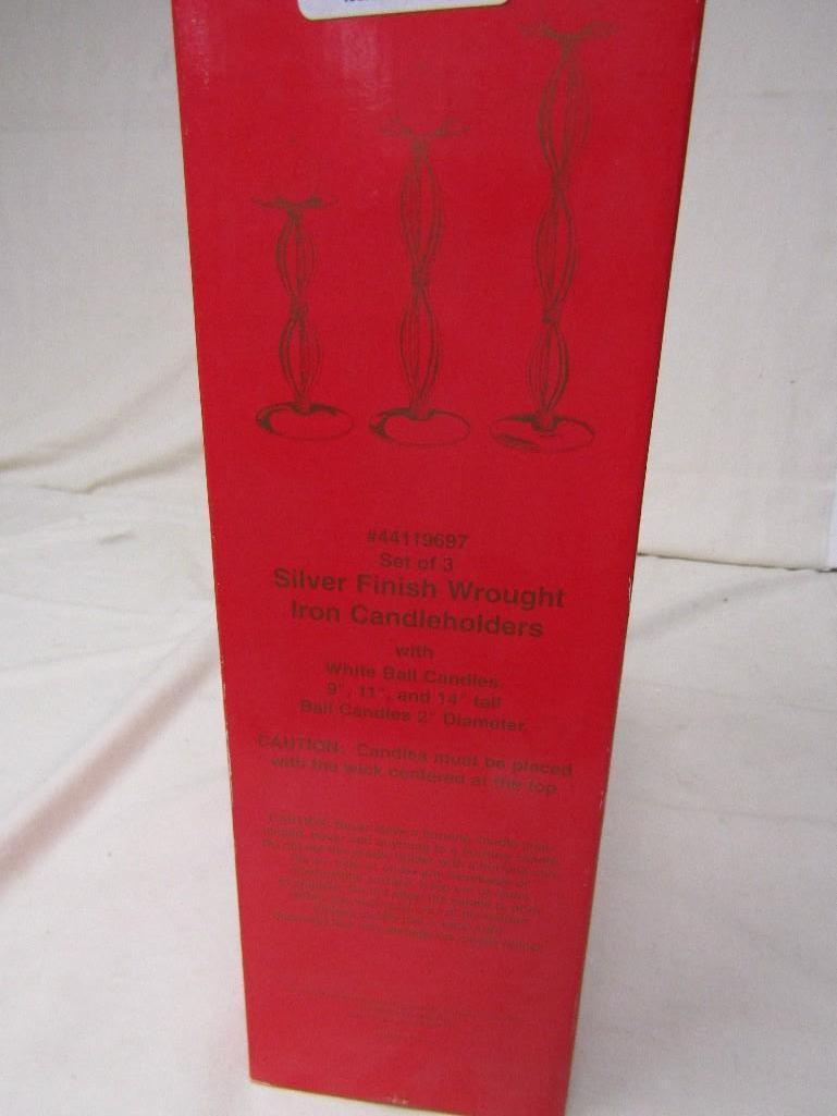 Macy's Set of 3 Silver Finish Wrought Iron Candleholders w/White Ball Candles. New In Box.