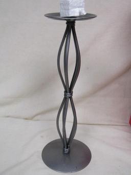 Macy's Set of 3 Silver Finish Wrought Iron Candleholders w/White Ball Candles. New In Box.