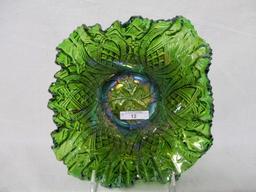 Millersburg 10" radium green Whirling Leaves square CRE bowl. Great color!