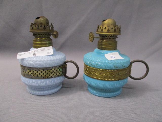 2 Miniature Oil Lamps Blue and Lavender