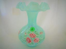 Fenton HP Green Opal Lattice  Vase Signed George Fenton  Watson