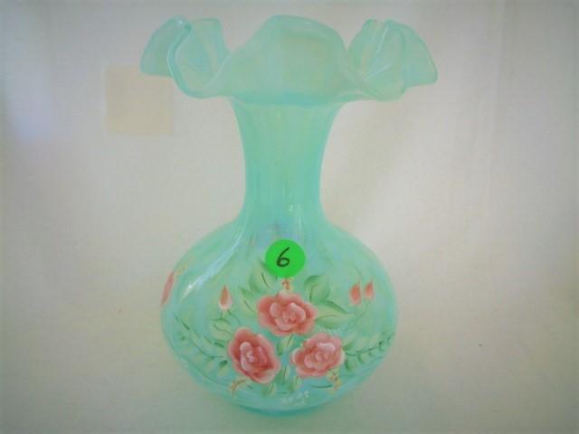 Fenton HP Green Opal Lattice  Vase Signed George Fenton  Watson