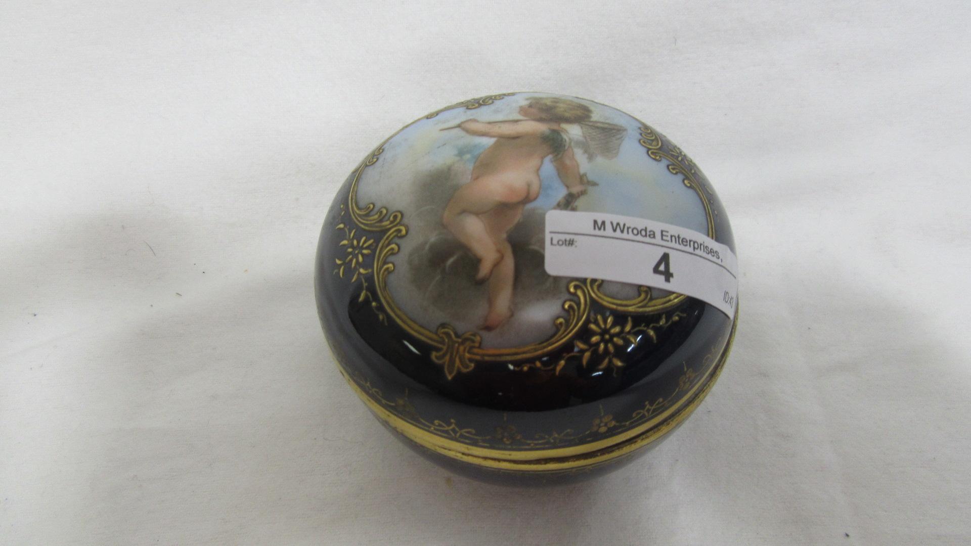 Beautiful victorian cobalt 4" round box with cherub and gold filigree