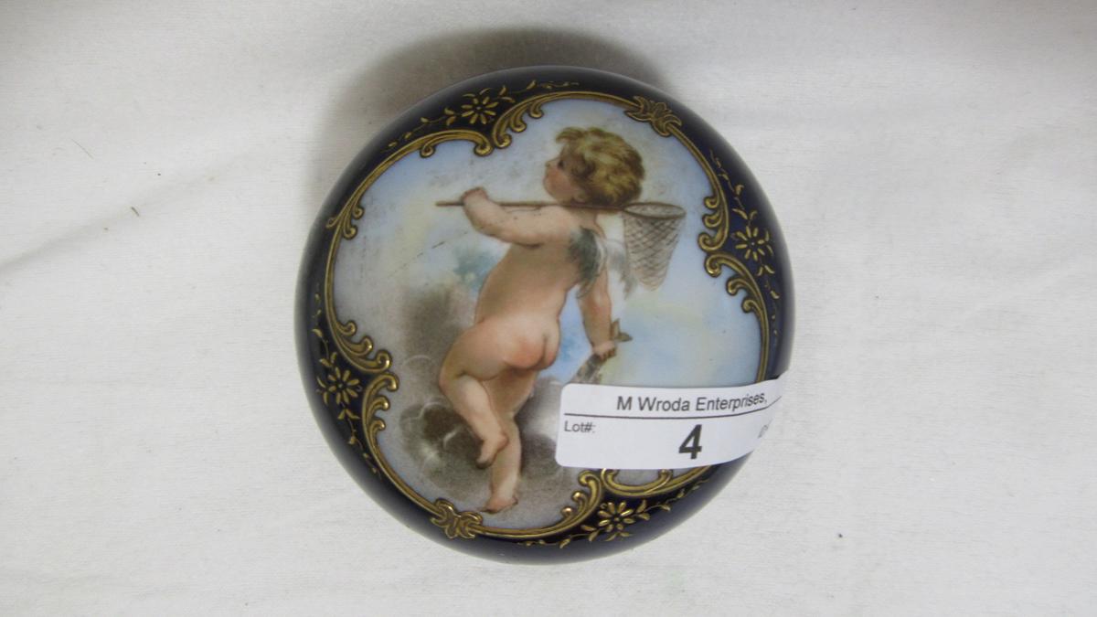 Beautiful victorian cobalt 4" round box with cherub and gold filigree