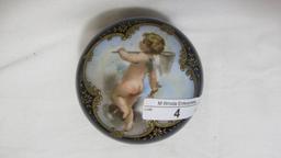 Beautiful victorian cobalt 4" round box with cherub and gold filigree