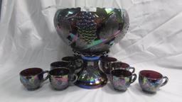 Contemporary  Carnival Glass Heavy Grape 10 pc purple punch set