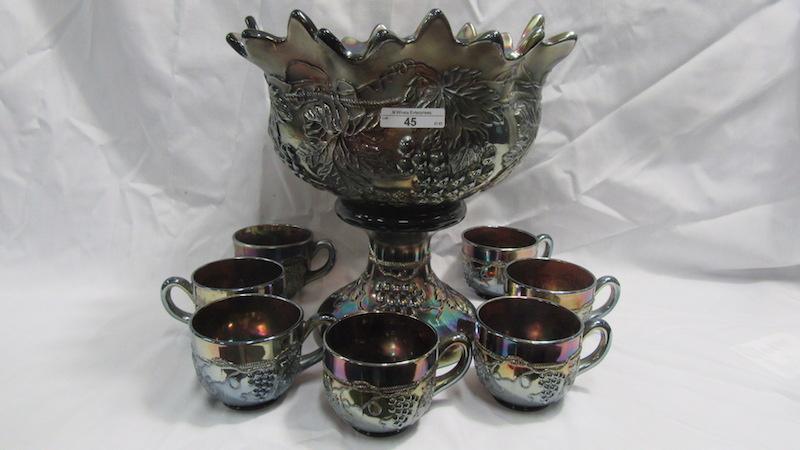 Northwood  Carnival Glass Grape & Cable purple 8pc punch set